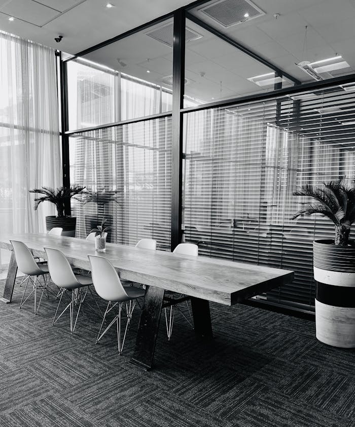 Stylish black and white conference room with chairs and table. Features plants, glass walls, and curtains.