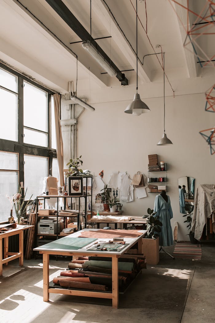home-services-02 A spacious sunlit studio with crafting tables, tools, and supplies, perfect for artisans.